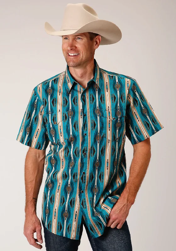 Hurry In Roper Mens 1475 Aztec Stripe Green 100% Cotton S/S Shirt