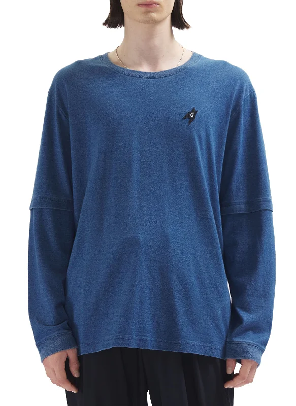 Big Savings Indigo Dye Cotton Houndstooth Patch Long Sleeve Tee