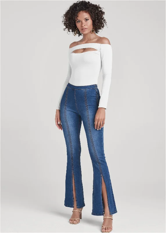 Slit Detail Bootcut Jeans - Medium Wash