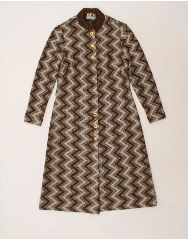 VINTAGE Womens Overcoat UK 10 Small Grey Chevron Wool