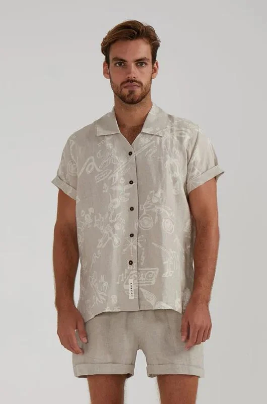 Celebrate the Weekend with Discounts DIMANA DISCO SHORT-SLEEVE LINEN SHIRT IN OAK TATTOO PRINT