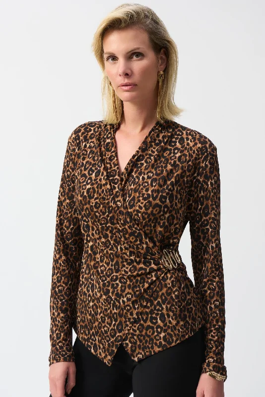 Joseph Ribkoff Beige/Black Animal Print Fitted Faux Wrap Top 244251