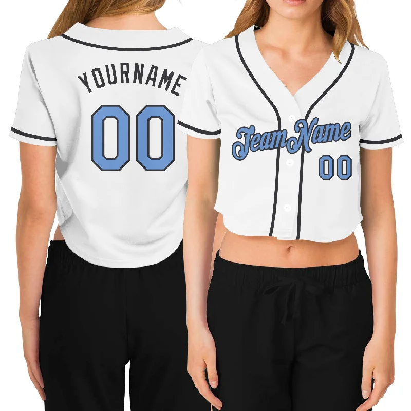 Custom Women's White Light Blue-Steel Gray V-Neck Cropped Baseball Jersey