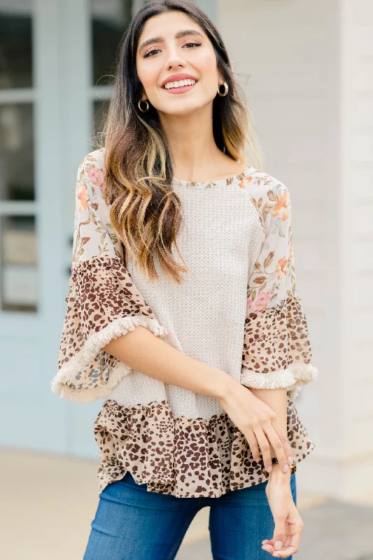 Across The Board Natural Brown Mix Print Top