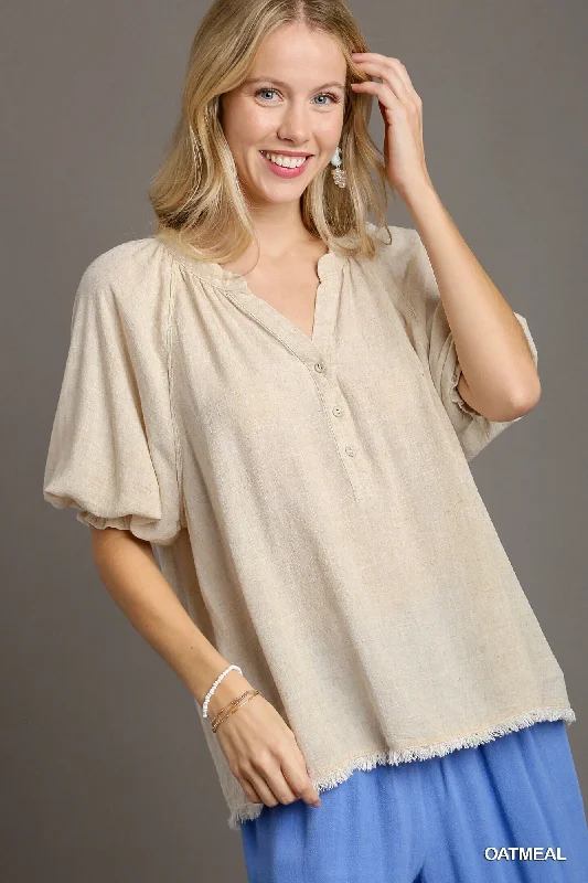 Umgee Linen Raglan Sleeve Top in Oatmeal