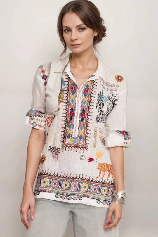 Johnny Was Biya Simmie Linen Embroidered Blouse B13424 *