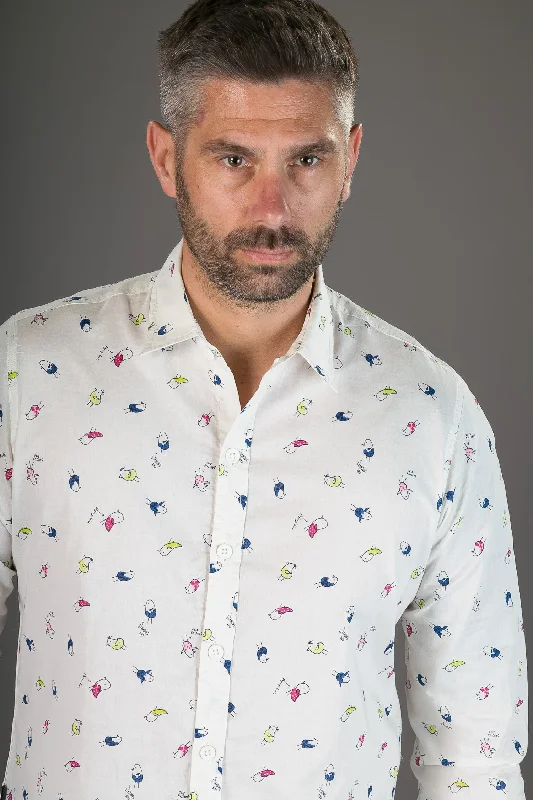 Hurry In Cotton Bird Print White Slim-Fit Mens Long Sleeve Shirt