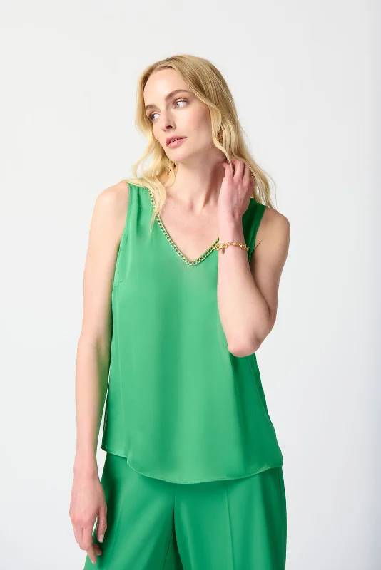 Joseph Ribkoff Island Green Chain Detail Satin V-Neck Sleeveless Cami Top 241928