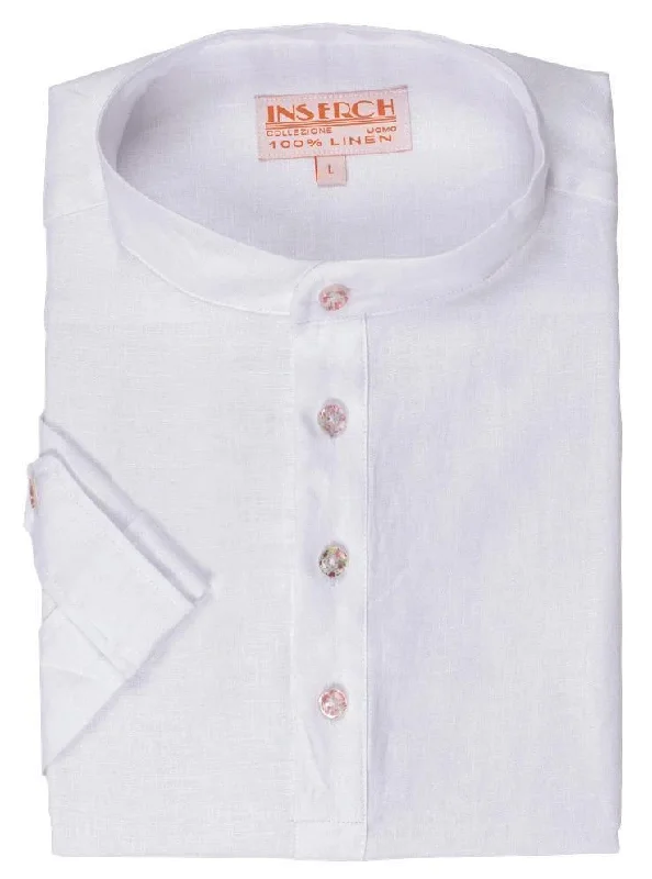 Price Smash MEN'S WHITE LINEN BANDED COLLAR POP OVER SHIRT BY INSERCH