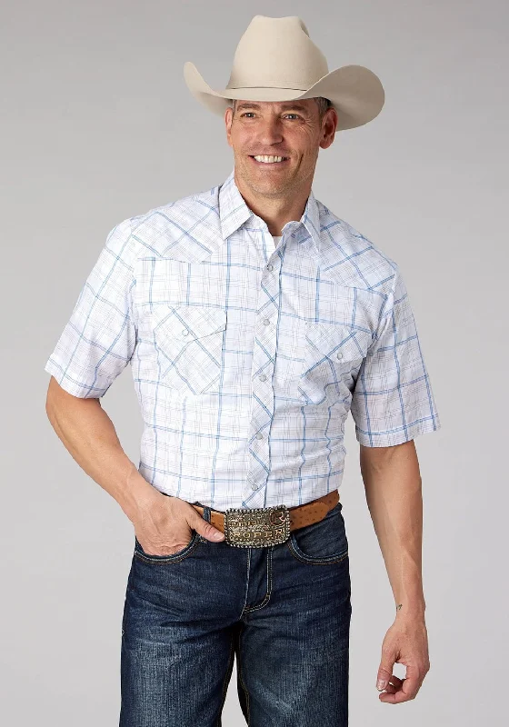 Epic Deals Roper Mens 2061 Windowpane Plaid White/Blue Cotton Blend S/S Shirt