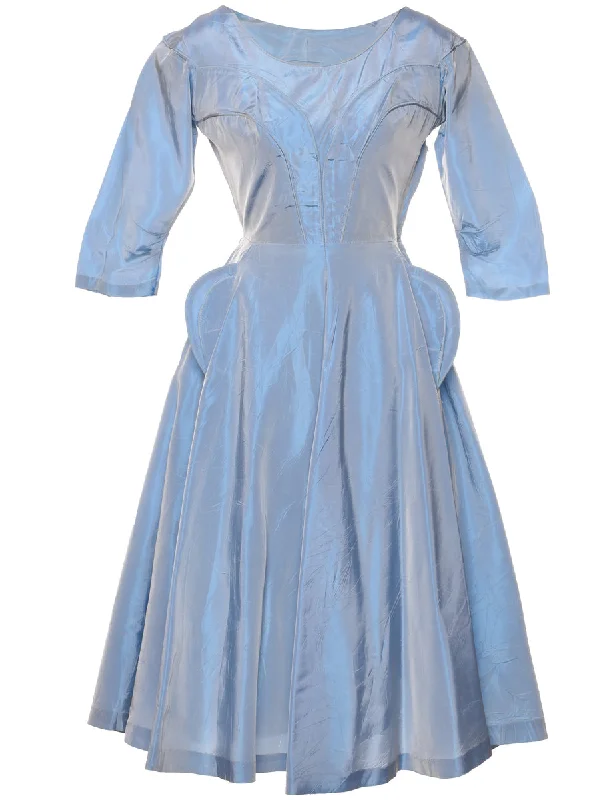 Inventory Reduction 1950s Light Blue Metallic Long-Sleeve Dress - XS