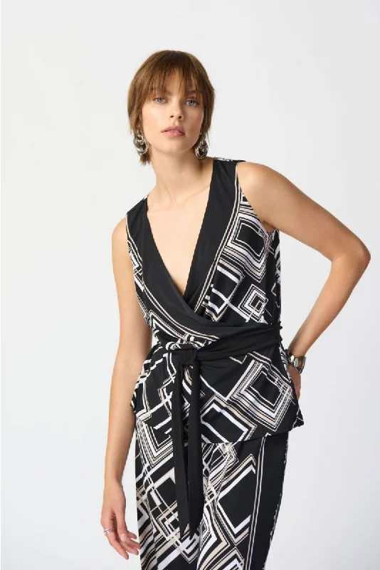 Joseph Ribkoff Black/Multi Geometric Print Belted Sleeveless Wrap Top 241085