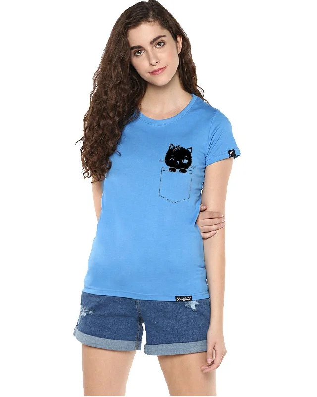 Womens Half Sleeve Cat Printed Blue Color Tshirts