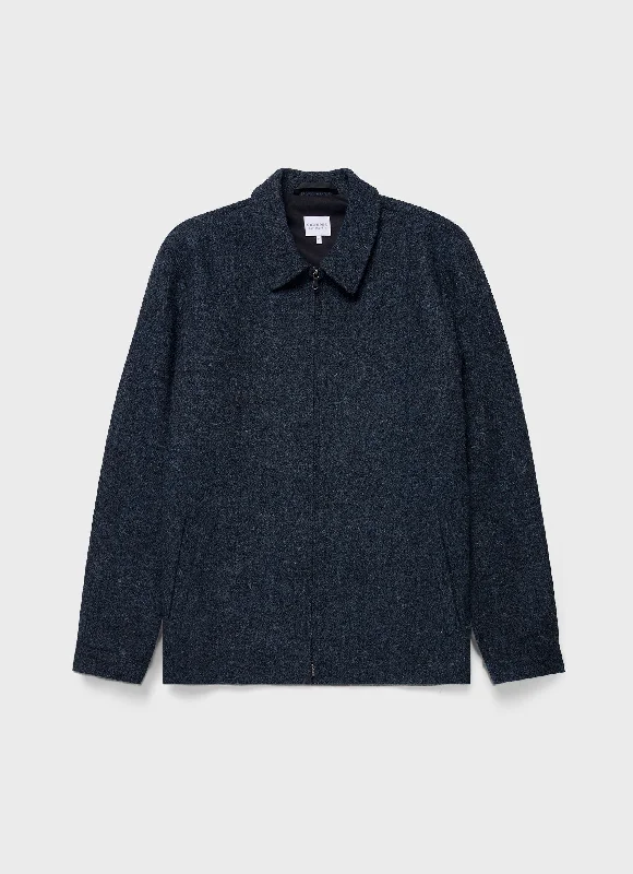 Quick Sale Men's Harris Tweed Harrington Jacket in Blue Herringbone
