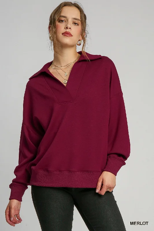 Umgee Johnny Collar Sweatshirt in Merlot