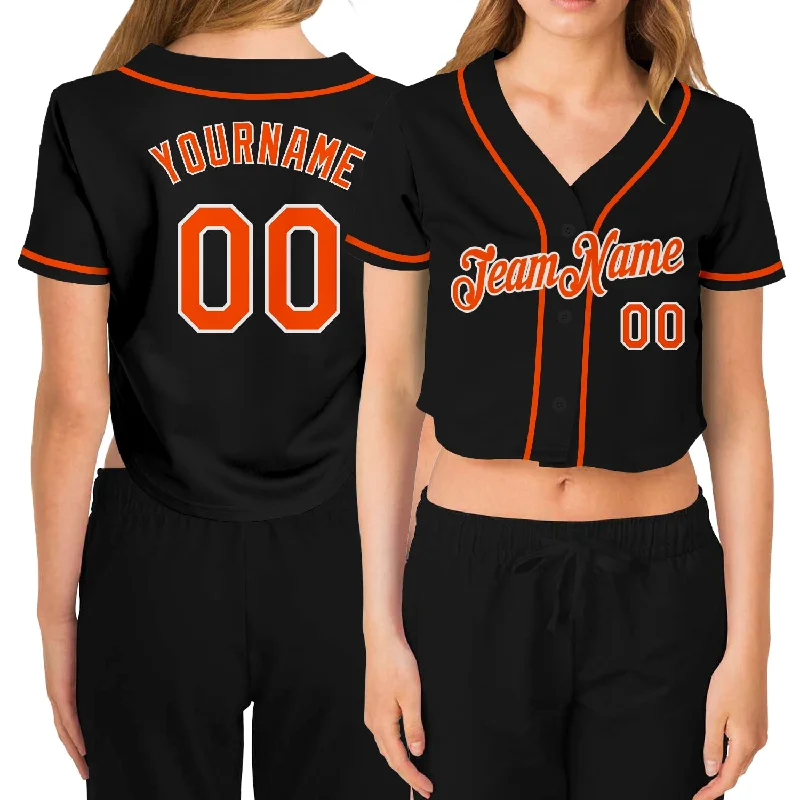 Custom Women's Black Orange-White V-Neck Cropped Baseball Jersey