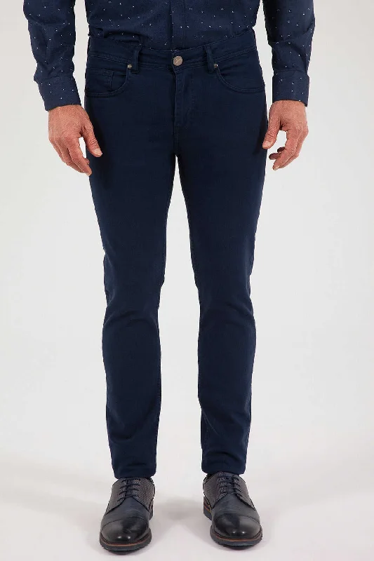 Deep Discounts Slim Fit Navy 5 Pocket Cotton Denim