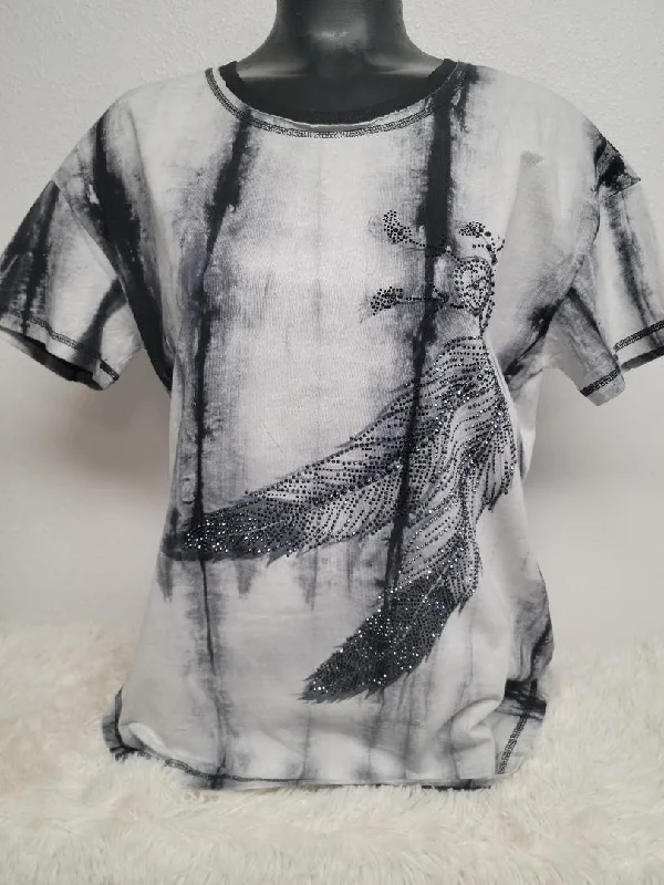 Feather Print Mineral Washed Tee with Crystals