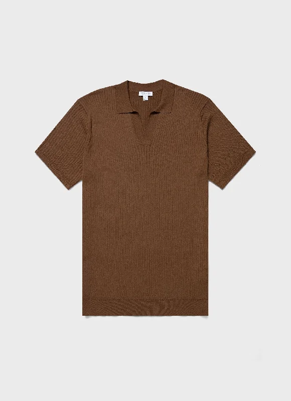 Final Clearance Men's Fine Rib Silk Cotton Polo Shirt in Dark Sand
