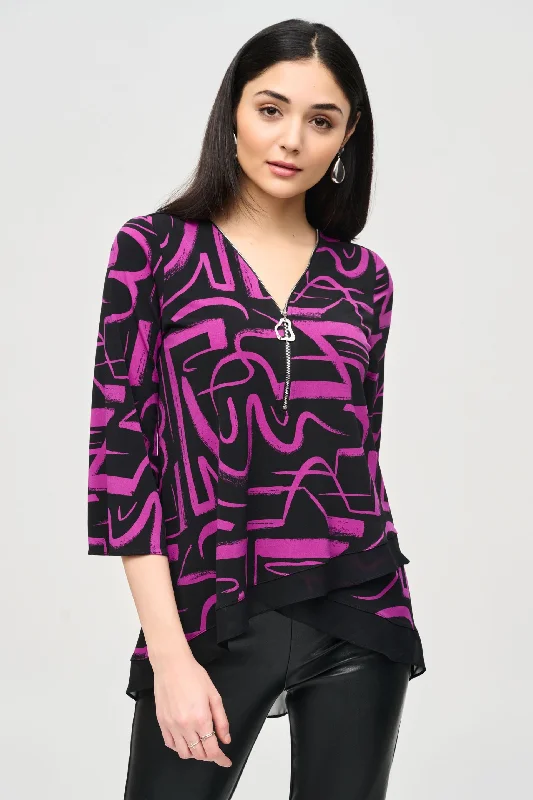 Joseph Ribkoff Black/Empress Abstract Print Asymmetric Top 243059