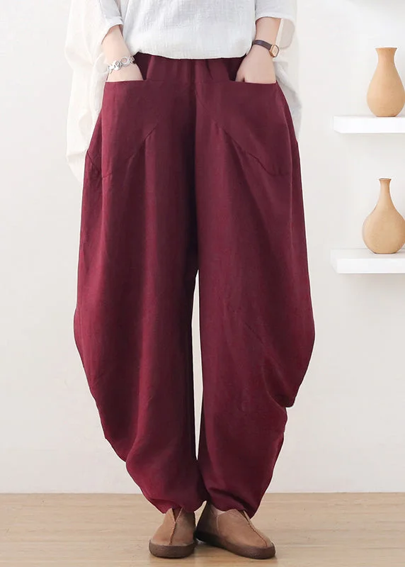 Plus Size Wine Red Pockets Wide Leg Pants Fall