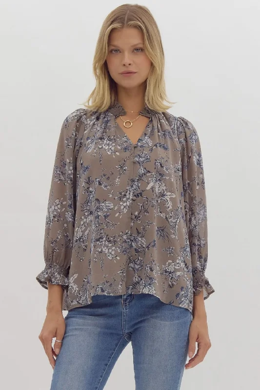 Entro Mocha Grey Floral Top