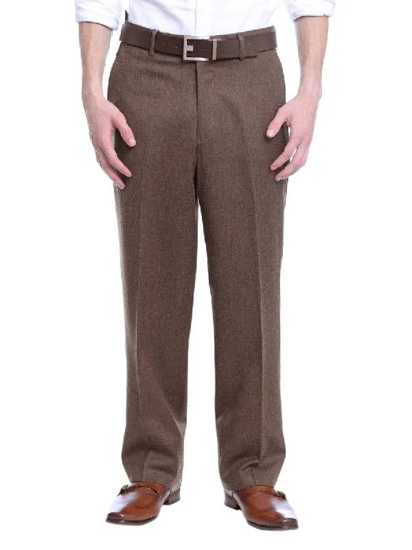 Special Discount Arthur Black Classic Fit Solid Brown Flannel Flat Front Wool Dress Pants