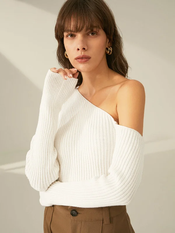 One Shoulder Long Trendy Sleeve Ribbed Pullover Sweater