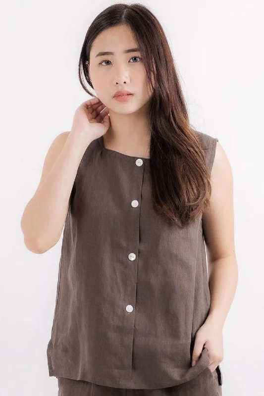 Linen Sleeveless Top in Coffee Brown