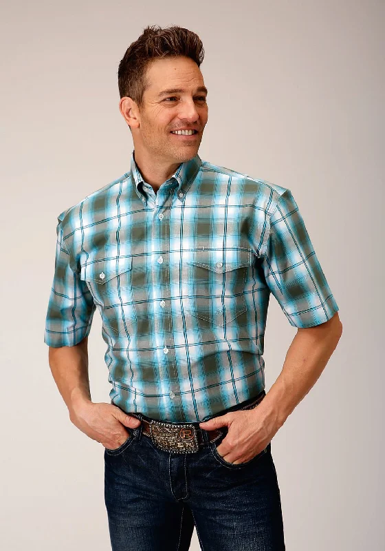 Major Savings Roper Mens 1555 Meadow Plaid Green 100% Cotton Btn S/S Shirt
