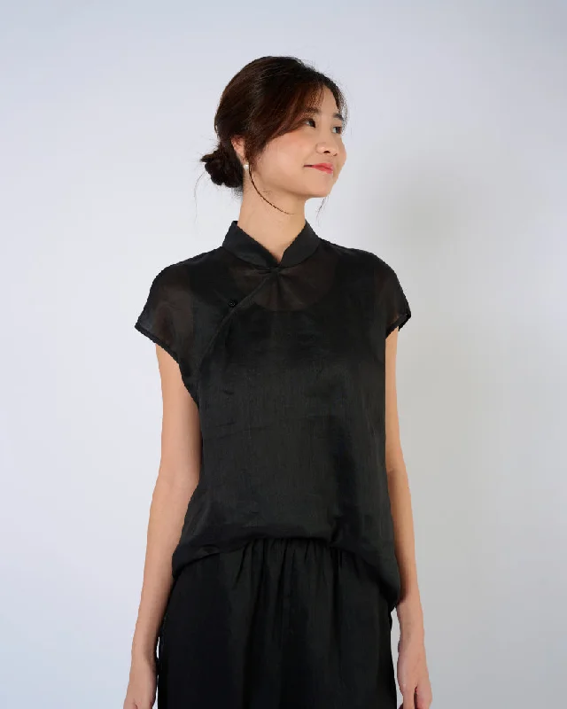 Cap Sleeve Ramie Cheongsam Top in Black