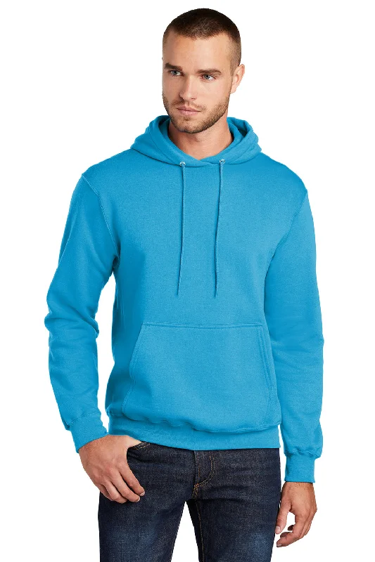 Blowout Deals Port & Company Mens Core Pill Resistant Fleece Hooded Sweatshirt Hoodie w/ Pouch Pocket - Neon Blue