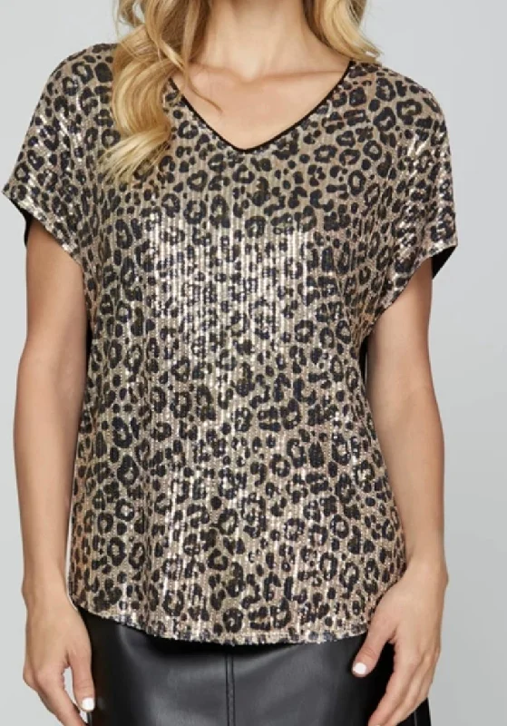 Drop Shoulder Leopard Sequin Top