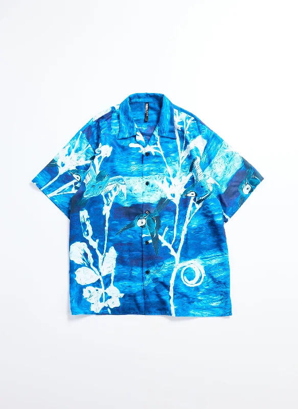 Act Fast Polyester Indigo Oriental Short Sleeves Open Collar Shirt