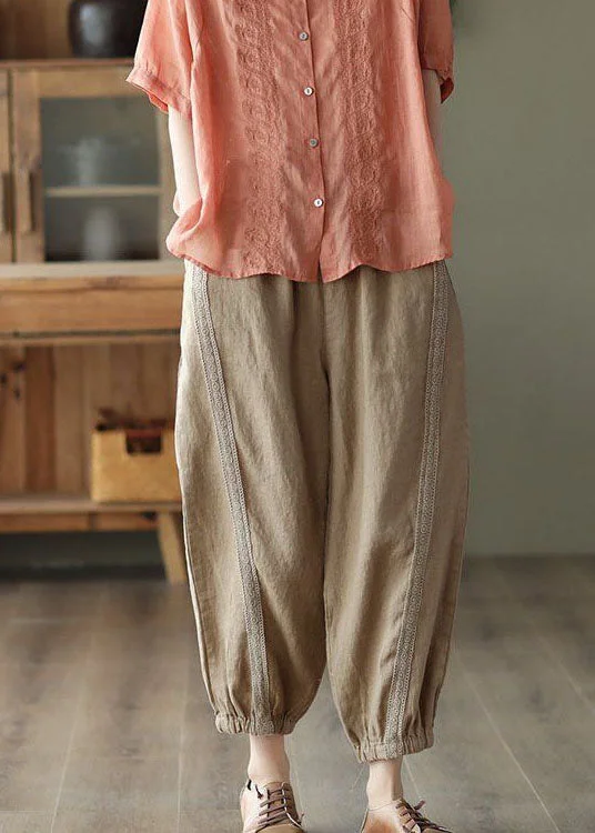 Khaki Hollow Out Patchwork Linen Harem Pants Summer