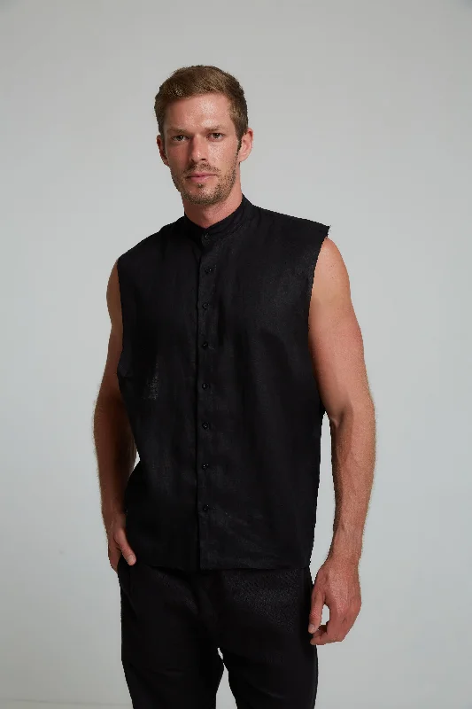 Year-End Clearance GUNS SLEEVELESS LINEN SHIRT IN BLACK