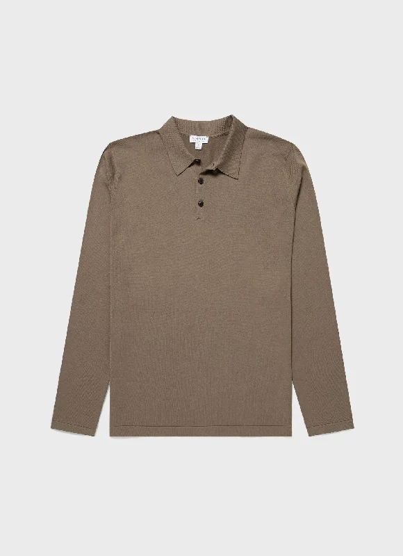 Weekend Savings Delight Men's Long Sleeve Sea Island Cotton Polo Shirt in Dark Stone