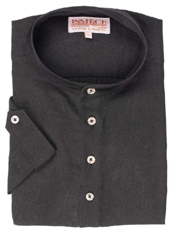 Blowout Sale MEN'S BLACK LINEN BANDED COLLAR POP OVER SHIRT BY INSERCH