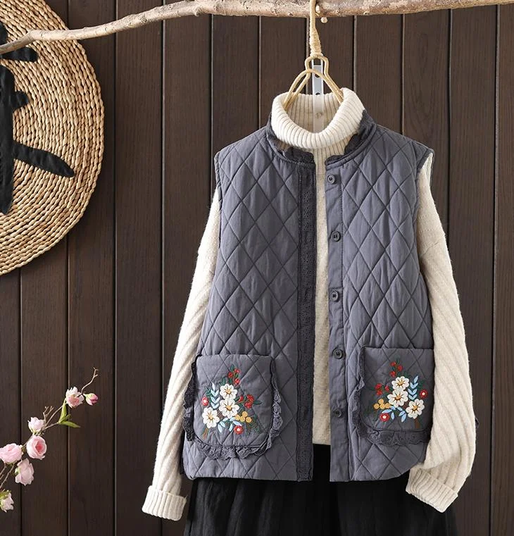 Casual Retro Embroidered Ruffled Quilted Vest for Women