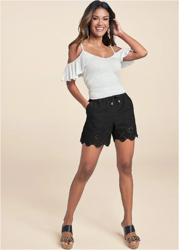 Crochet Trim Linen Shorts - Black