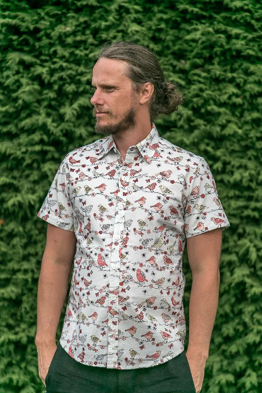 Super Deal Birds Floral Blue Cotton Slim Fit Mens Shirt Short Sleeve