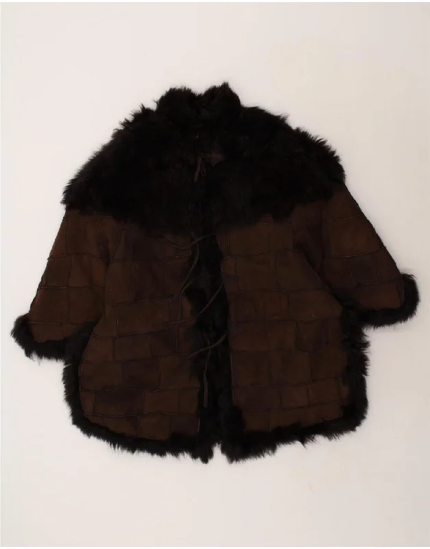 VINTAGE Womens Shearling Poncho Coat IT 42/44 Medium Brown Check Leather