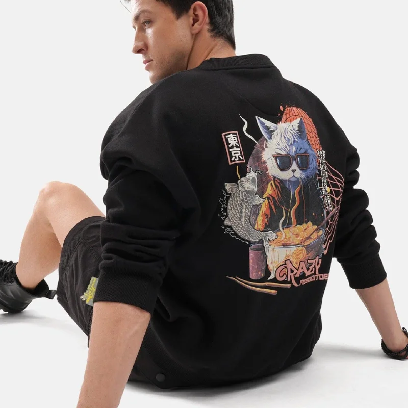 Half Price Ramen Cat Oversized Fleece Sweatshirt in Black
