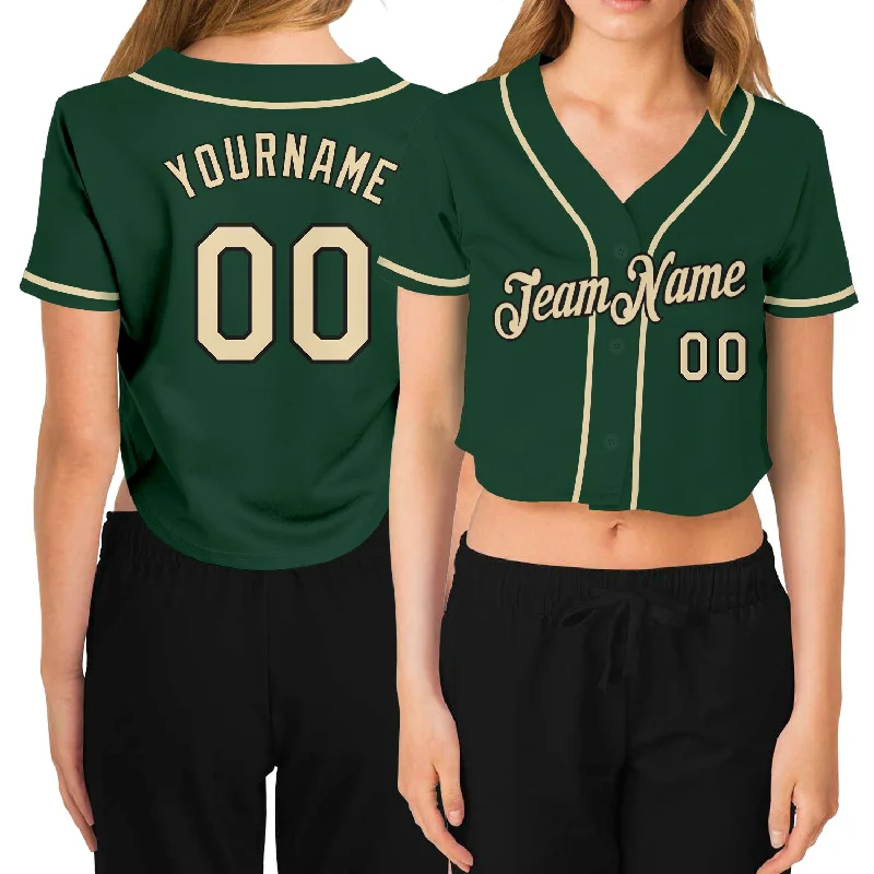 Custom Women's Green Cream-Black V-Neck Cropped Baseball Jersey