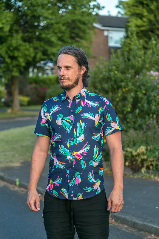 Final Clearance Birds Blue Cotton Slim Fit Mens Shirt Short Sleeve