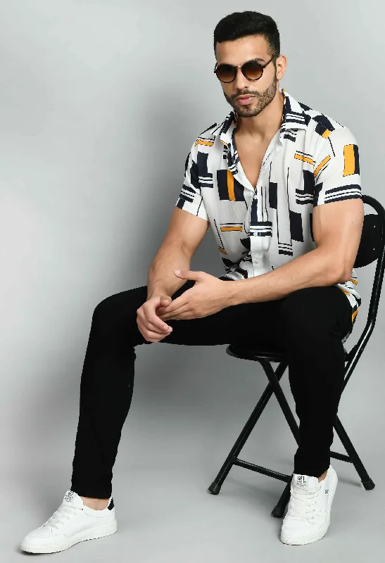Don't Delay Men's Black White Rayon Casual Shirt