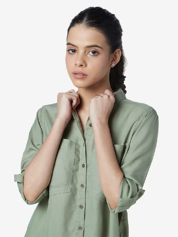 LOV Sage Green High-Low Chambray Casual Shirt