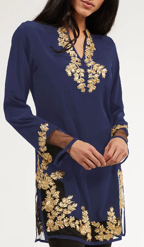 Mahnaz Gold Embellished Long Modest Tunic - Sapphire