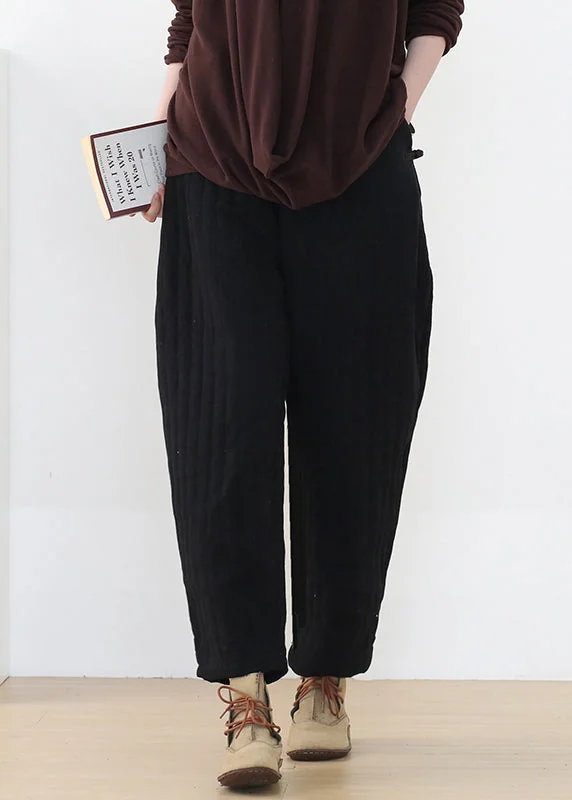 Loose Black Elastic Waist Thick Cotton Pants Winter