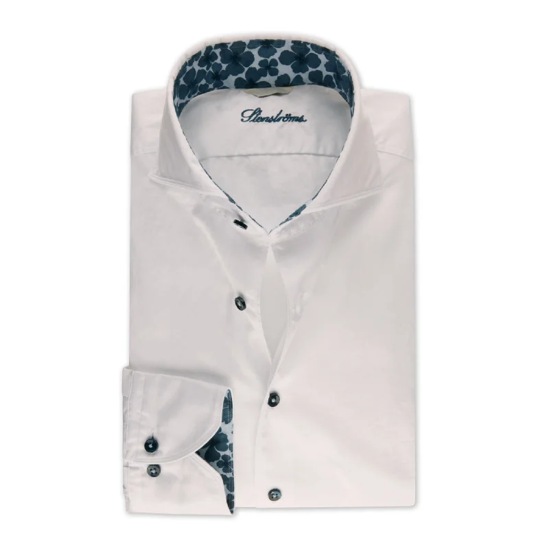Exclusive Deal White Garment Wash Slimline Casual Shirt with Blue Floral Trim